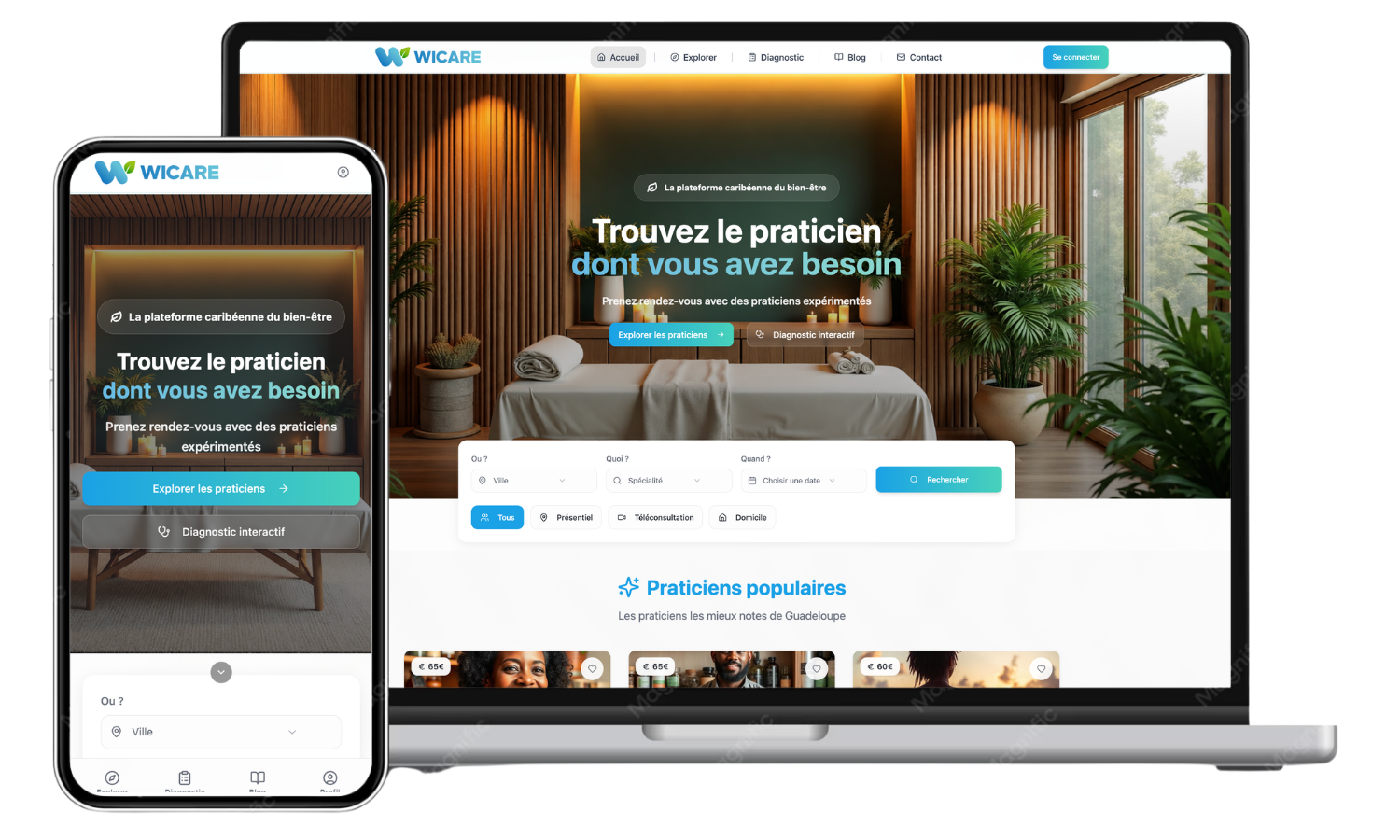 Aperçu de WICARE sur ordinateur et mobile : recherche de praticiens et réservation en ligne